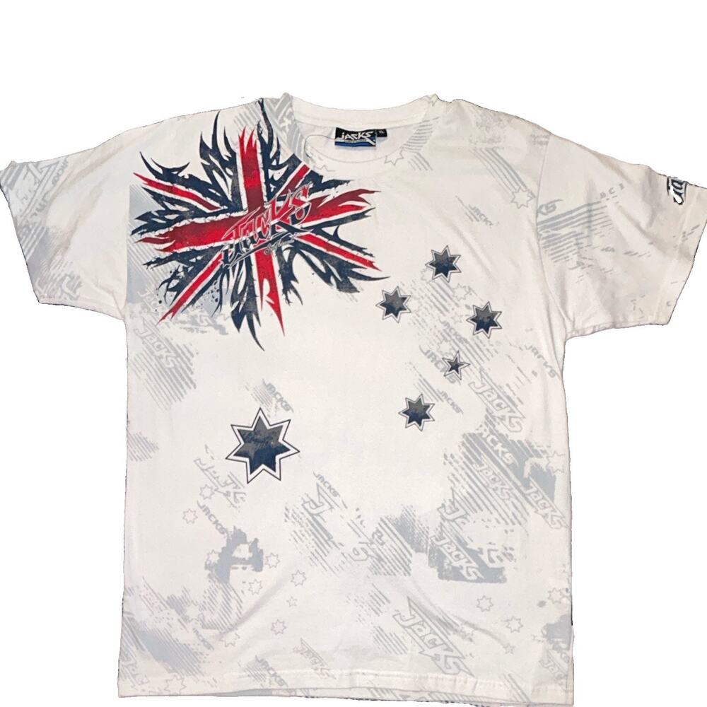 Y2K Jacks Surfboards Mens White Graphic Print Stars Logo Crew Neck Tee Size XL